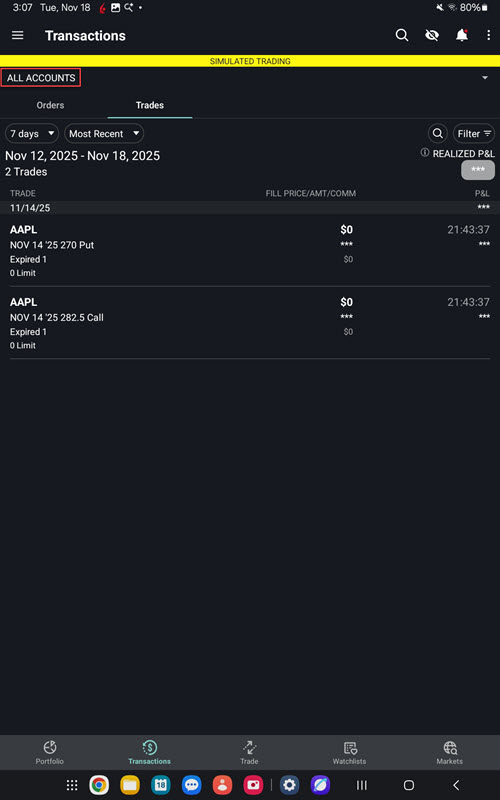 The transactions by account on the android phone. 